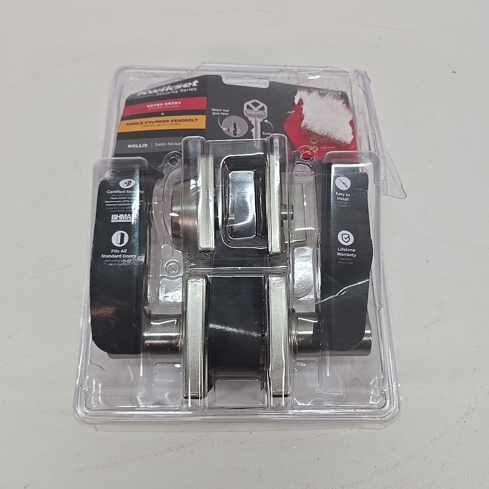 Kwikset Hollis Keyed Entry Door Lever & Single Cylinder Deadbolt Satin Nickel